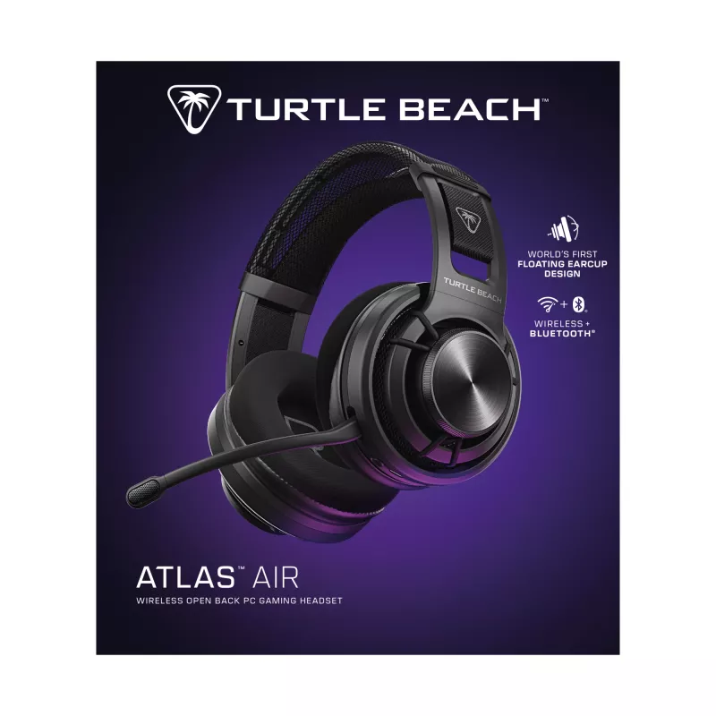 Turtle Beach Atlas Air belaidžiai atviro tipo ausinės žaidimams su 24 bitų aukštos ištikimybės garsu, transliacijų klasės mikrofonu, plūduriuojančiais ausų gaubtais, atminties putų pagalvėlėmis ir Bluetooth ryšiu, skirtos asmeniniams kompiuteriams