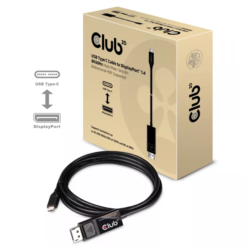 CLUB3D USB Type-C laidas į DP 1.4 8K60Hz M/M 1,8 m
