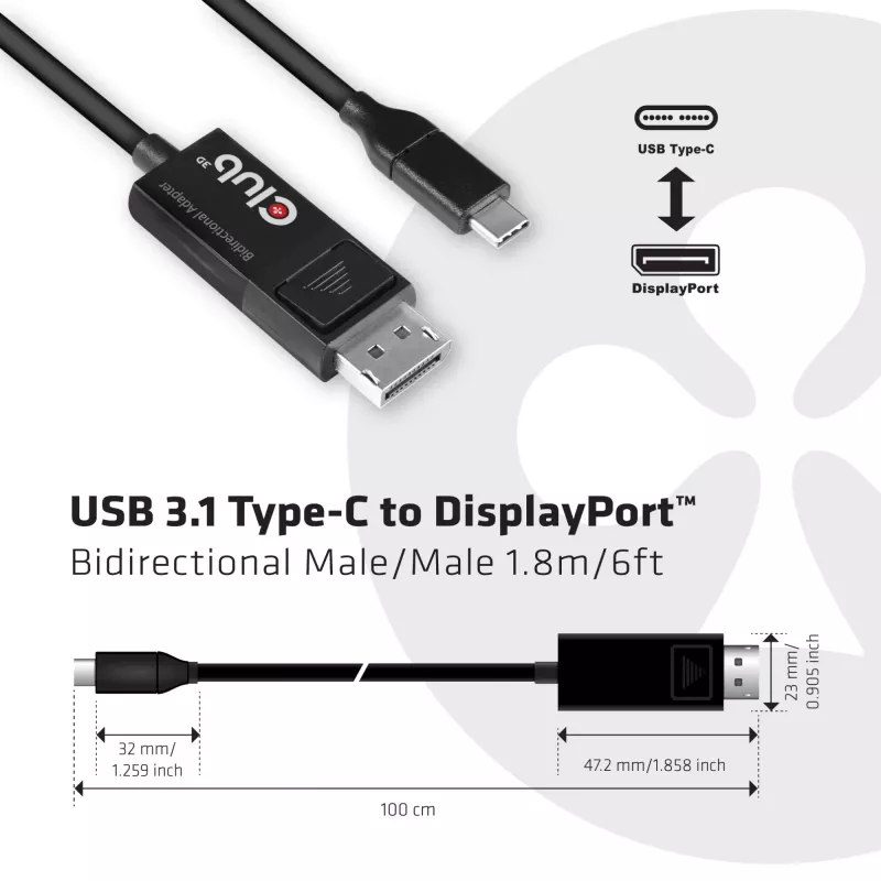 CLUB3D USB Type-C laidas į DP 1.4 8K60Hz M/M 1,8 m
