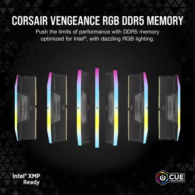 CORSAIR 32 GB DDR5 (2x16 GB) DRAM 6400 MT/s CL32 Vengeance RGB atminties rinkinys – juoda