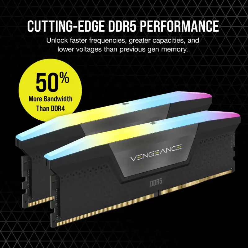 CORSAIR 32 GB DDR5 (2x16 GB) DRAM 6400 MT/s CL32 Vengeance RGB atminties rinkinys – juoda