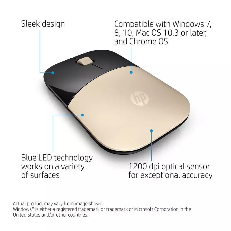 Belaidė pelė HP Z3700 Gold, ambidekstrinė, optinė, RF belaidė, 1200 DPI, auksinė
