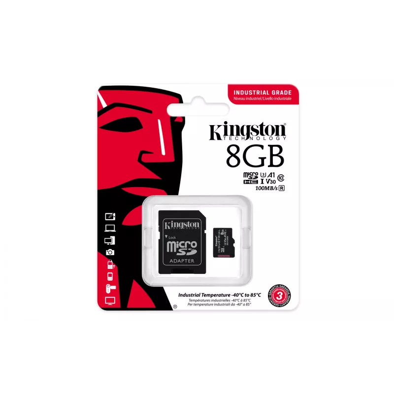 Kingston Technology 8GB microSDHC Industrial C10 A1 pSLC kortelė su SD adapteriu
