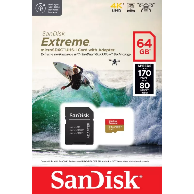 WESTERN DIGITAL Extreme microSDXC 64GB SD adapteris, skirtas veiksmo kameroms ir dronams, 170MB/s skaitymas, 80MB/s rašymas, A2, C10, V30, UHS-I, U3