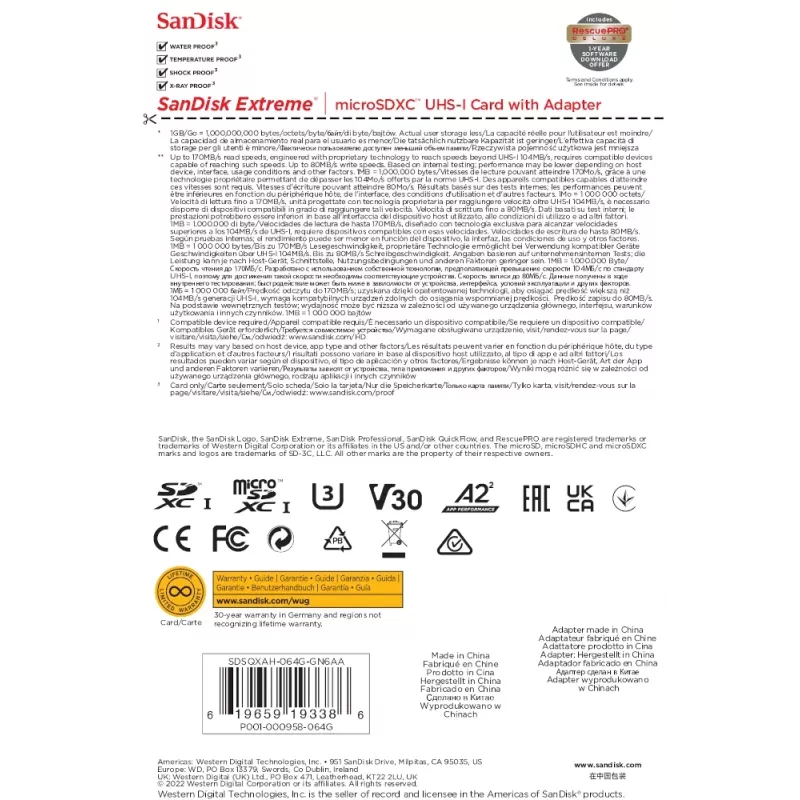 WESTERN DIGITAL Extreme microSDXC 64GB SD adapteris, skirtas veiksmo kameroms ir dronams, 170MB/s skaitymas, 80MB/s rašymas, A2, C10, V30, UHS-I, U3