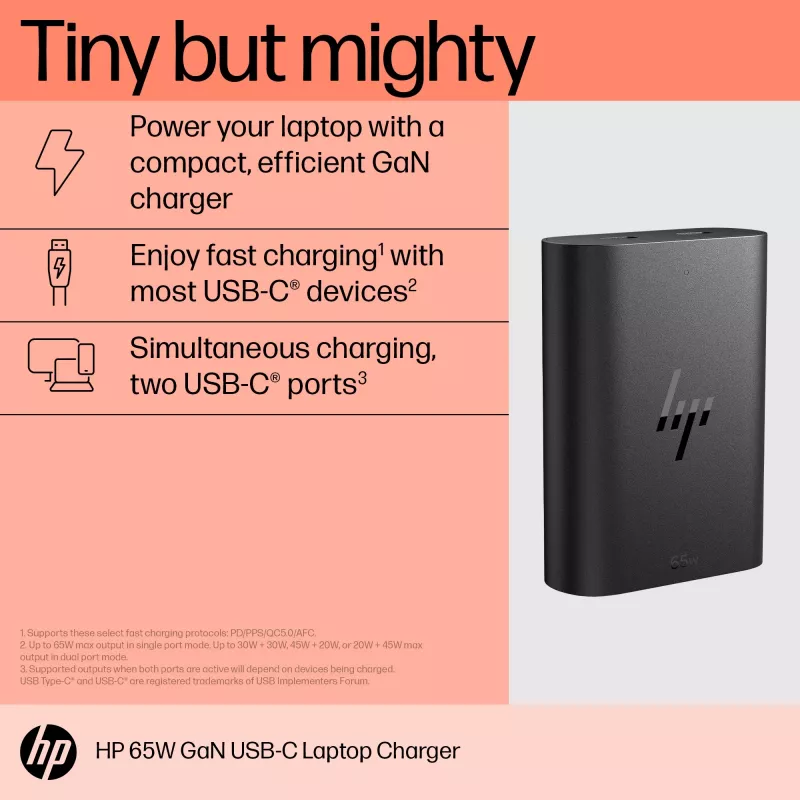 HP 65W GaN USB-C nešiojamojo kompiuterio įkroviklis, 65 W, 5/9/12/15/20 V, skirtas namams