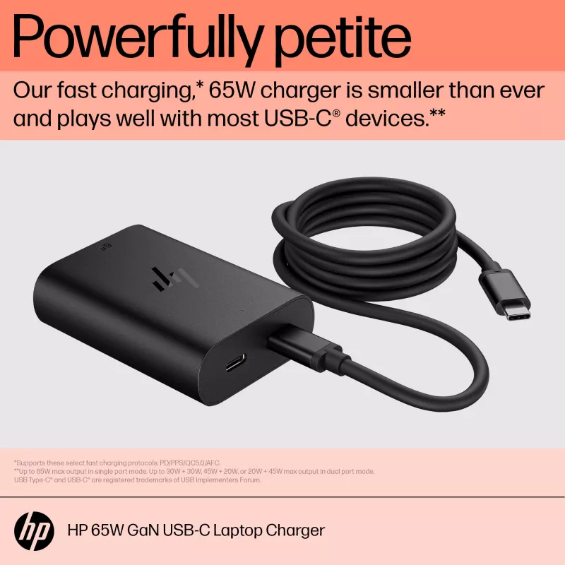 HP 65W GaN USB-C nešiojamojo kompiuterio įkroviklis, 65 W, 5/9/12/15/20 V, skirtas namams