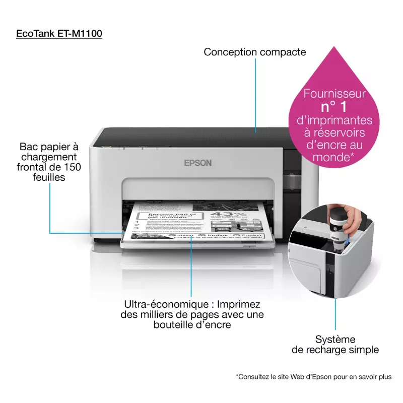 Spausdintuvas rašalinis Epson EcoTank ET‑M1100 — nespalvotas, A4, 32 ppm, 1440×720 dpi, integruota rašalo talpa, USB 2.0, pilka/juoda