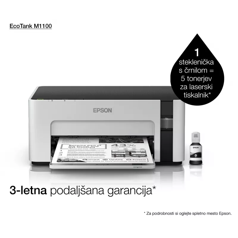 Spausdintuvas rašalinis Epson EcoTank ET‑M1100 — nespalvotas, A4, 32 ppm, 1440×720 dpi, integruota rašalo talpa, USB 2.0, pilka/juoda