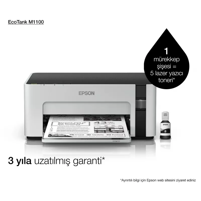 Spausdintuvas rašalinis Epson EcoTank ET‑M1100 — nespalvotas, A4, 32 ppm, 1440×720 dpi, integruota rašalo talpa, USB 2.0, pilka/juoda