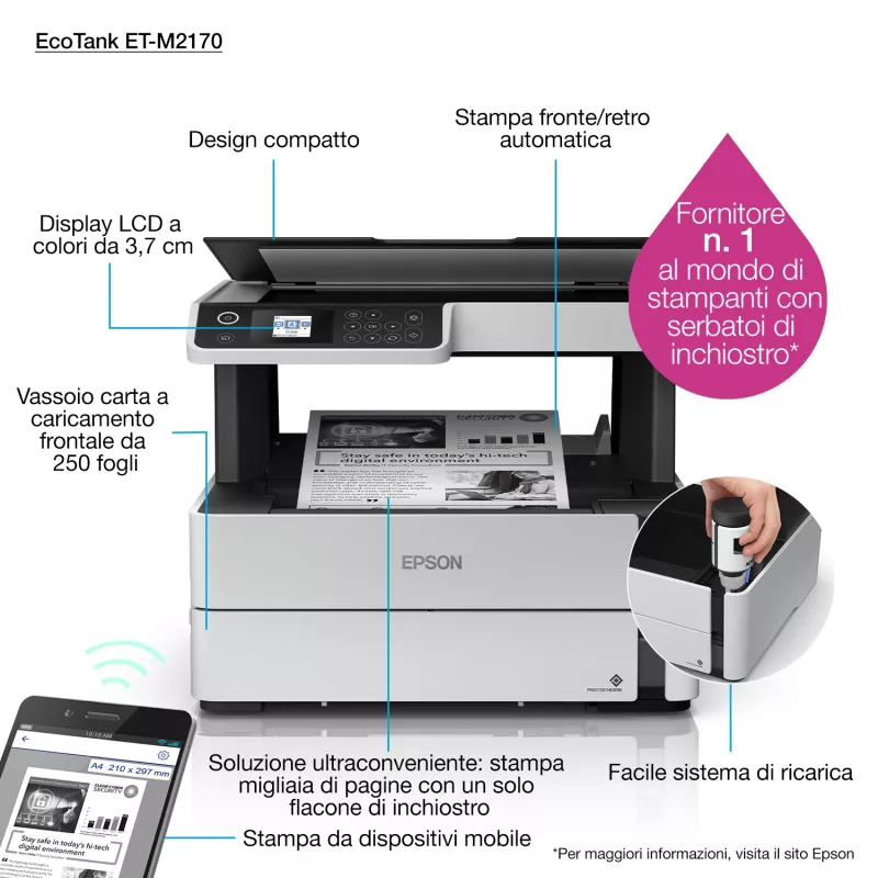 Epson EcoTank M2170 daugiafunkcis spausdintuvas (rašalinis, A4, 1200x2400 DPI, 39 ppm, Wi-Fi)