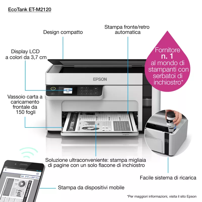 Epson EcoTank ET-M2120 daugiafunkcinis rašalinis spausdintuvas A4, 1440 x 720 DPI, 32 ppm, Wi-Fi