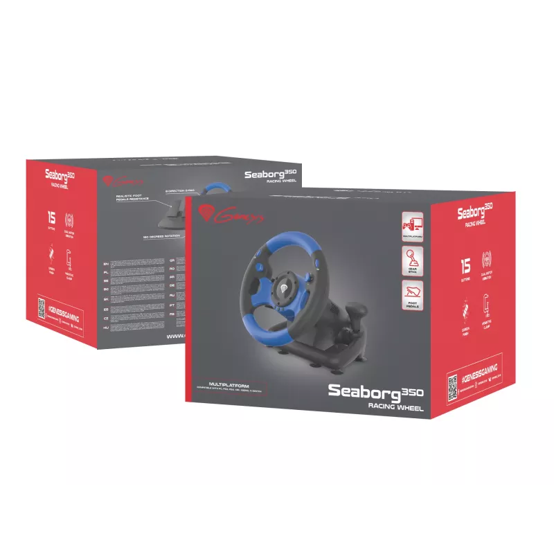 GENESIS Seaborg 350 Juodas, Mėlynas USB Vairas su Pedalais, Nintendo Switch, PC, PlayStation 4, PlayStation 3, Xbox 360, Xbox One, Xbox Series S, Xbox Series X