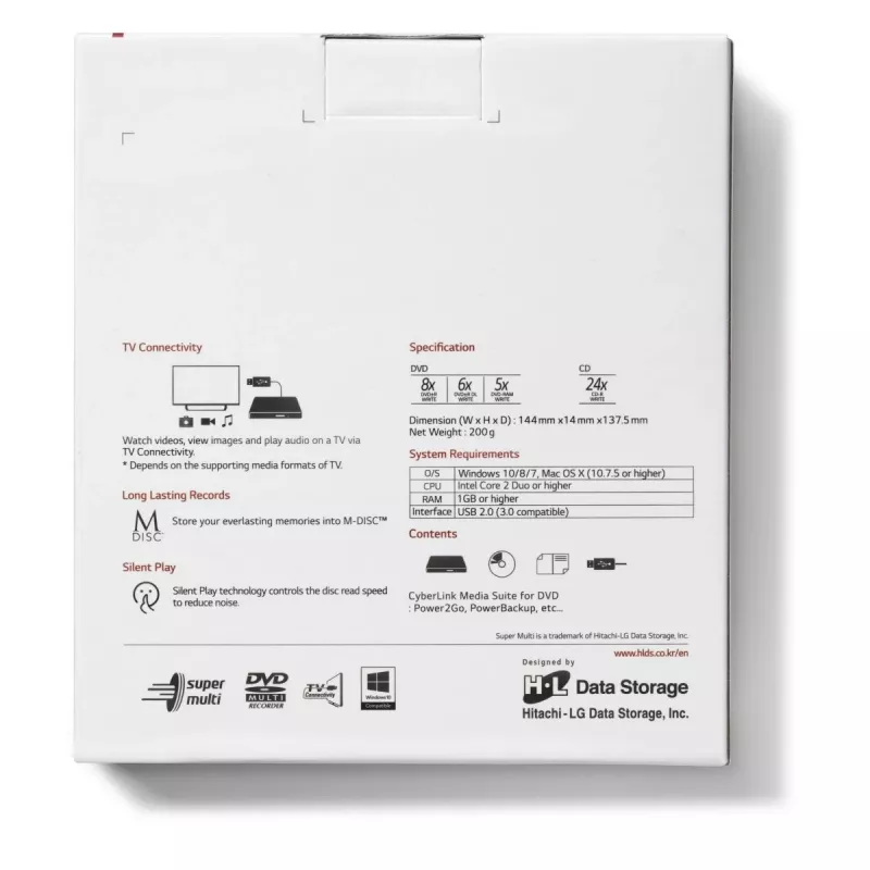 HITACHI-LG DATA STORAGE Slim nešiojamas DVD-rašytuvas GP60NW60 USB 2.0 baltas