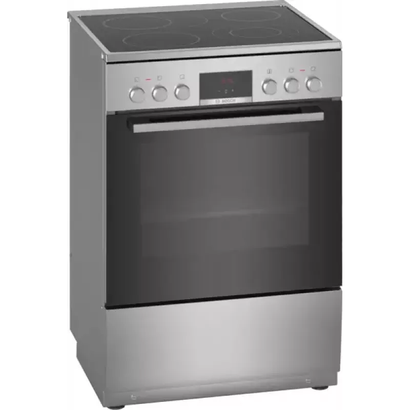 Laisvai pastatoma elektrinė viryklė Bosch Serie 4 HKR39A250U, keraminė kaitlentė 4 zonos, orkaitė 66 L, nerūdijantis plienas, 600 mm