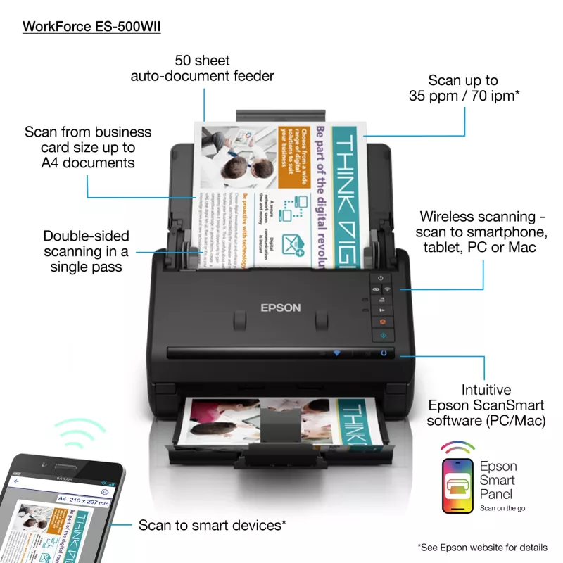 Epson WorkForce ES-500WII lakštinis skaitytuvas 600 x 600 DPI A4 juodas
