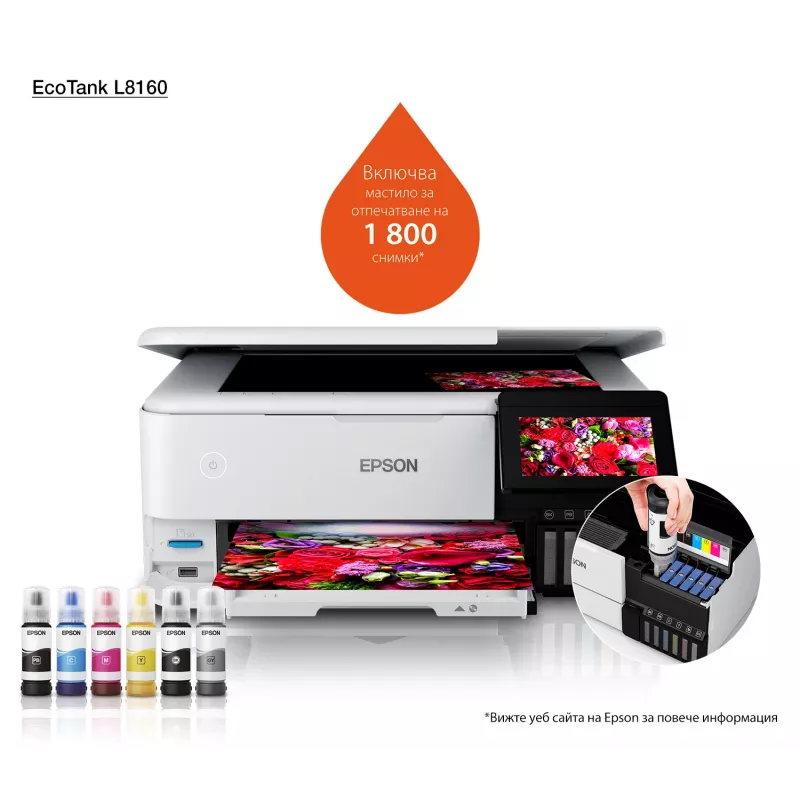Daugiafunkcis rašalinis spausdintuvas Epson EcoTank L8160 – spalvotas spausdinimas, 5760x1440 DPI, 32 ppm, A4, Wi‑Fi, dvipusis spausdinimas