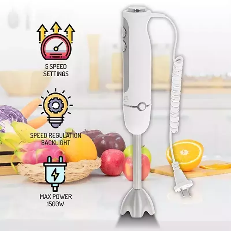 Panardintuvas Adler AD 4625w – rankinis blenderis, 5 greičiai, turbo, 1500 W, nerūdijančio plieno antgalis, sidabrinis/baltas