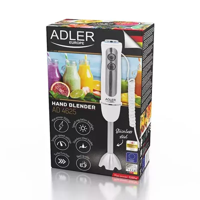 Panardintuvas Adler AD 4625w – rankinis blenderis, 5 greičiai, turbo, 1500 W, nerūdijančio plieno antgalis, sidabrinis/baltas
