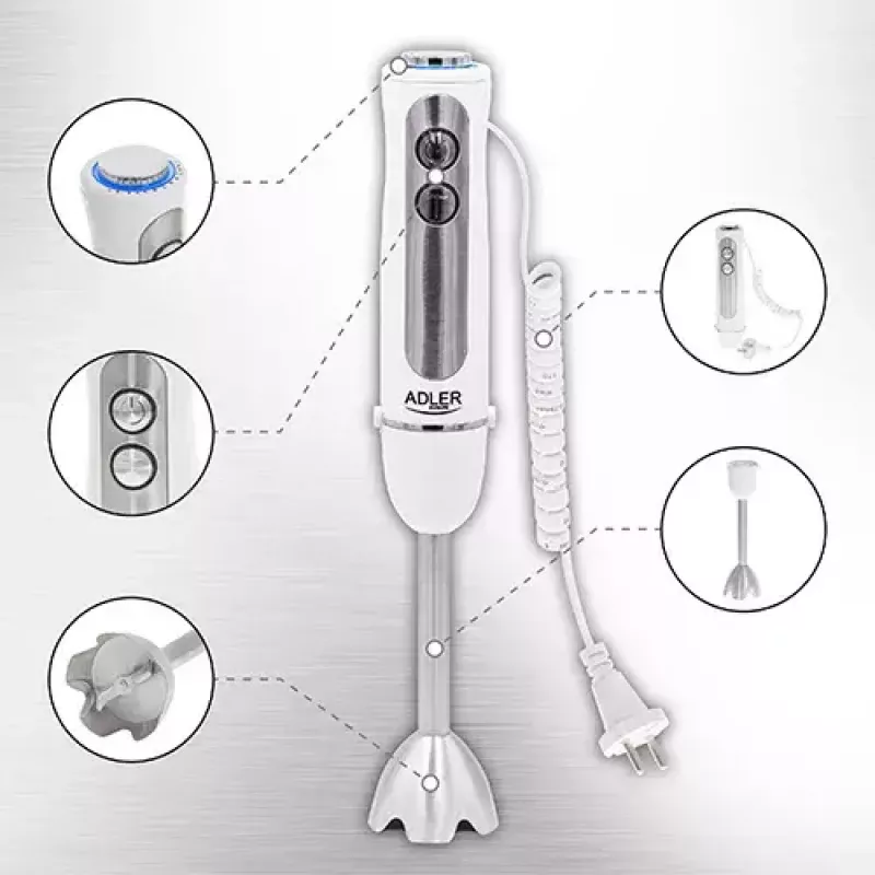 Panardintuvas Adler AD 4625w – rankinis blenderis, 5 greičiai, turbo, 1500 W, nerūdijančio plieno antgalis, sidabrinis/baltas
