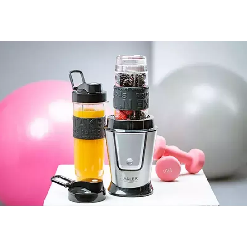 Sportinis blenderis Adler AD 4081 – nešiojamas asmeninis blenderis, 800 W, 0,57 L, nerūdijančio plieno peilis, 2 buteliai
