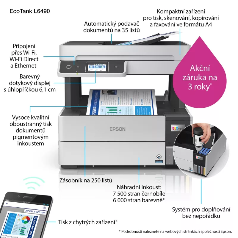 Daugiafunkcinis spausdintuvas Epson EcoTank L6490 – rašalinis spalvotas, 4800x1200 dpi, 37 ppm, A4 dvipusis, Wi‑Fi, Ethernet