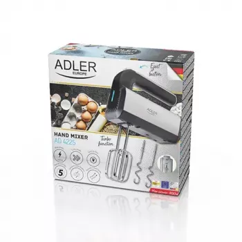Plačiamašė Adler AD 4225 – 5 greičiai, turbo, 300 W, inox/sidabras-juoda, plakikliai ir tešlos kabliukai