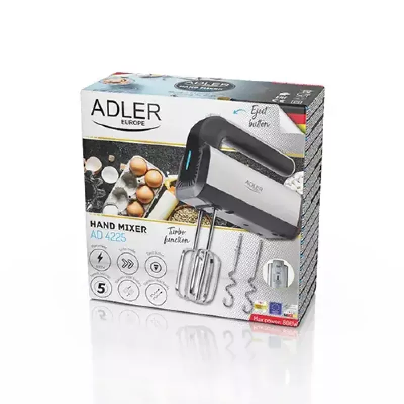 Plačiamašė Adler AD 4225 – 5 greičiai, turbo, 300 W, inox/sidabras-juoda, plakikliai ir tešlos kabliukai