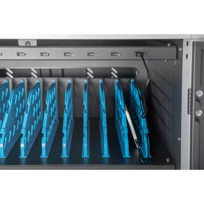 DIGITUS Įkrovimo vežimėlis 30 vietų, 15,6 col., juodas 1100 x 700 x 650 mm, su USB, PDU, ventiliatoriumi