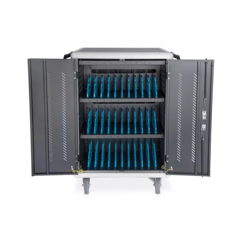 DIGITUS Įkrovimo vežimėlis 30 vietų, 15,6 col., juodas 1100 x 700 x 650 mm, su USB, PDU, ventiliatoriumi