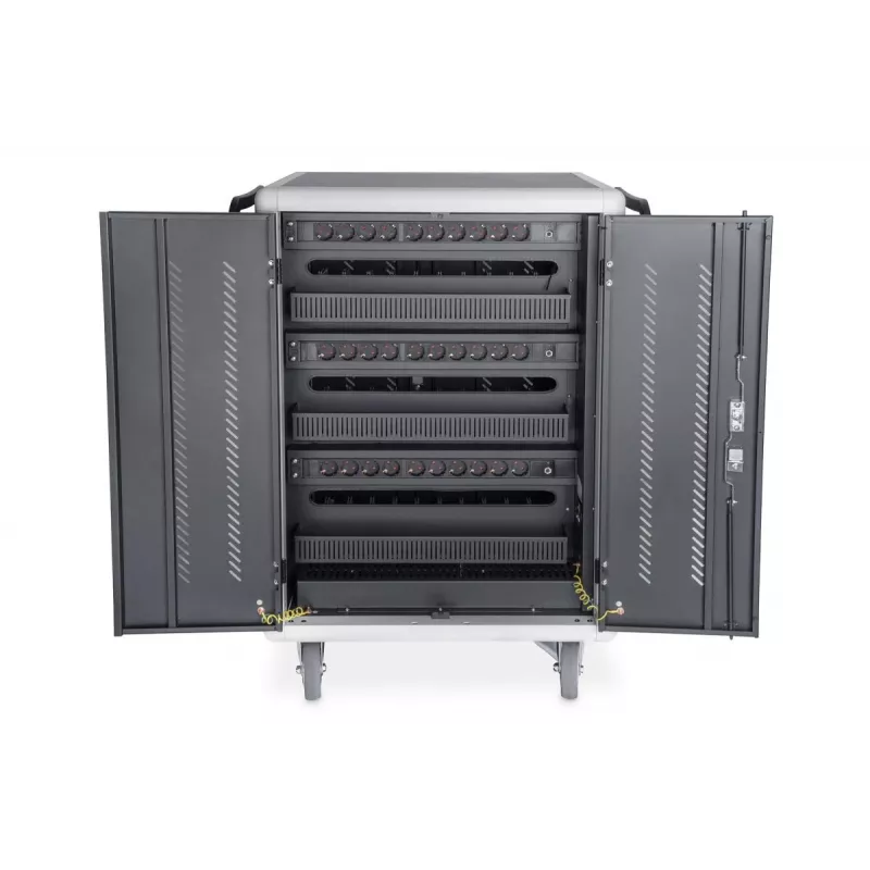 DIGITUS Įkrovimo vežimėlis 30 vietų, 15,6 col., juodas 1100 x 700 x 650 mm, su USB, PDU, ventiliatoriumi