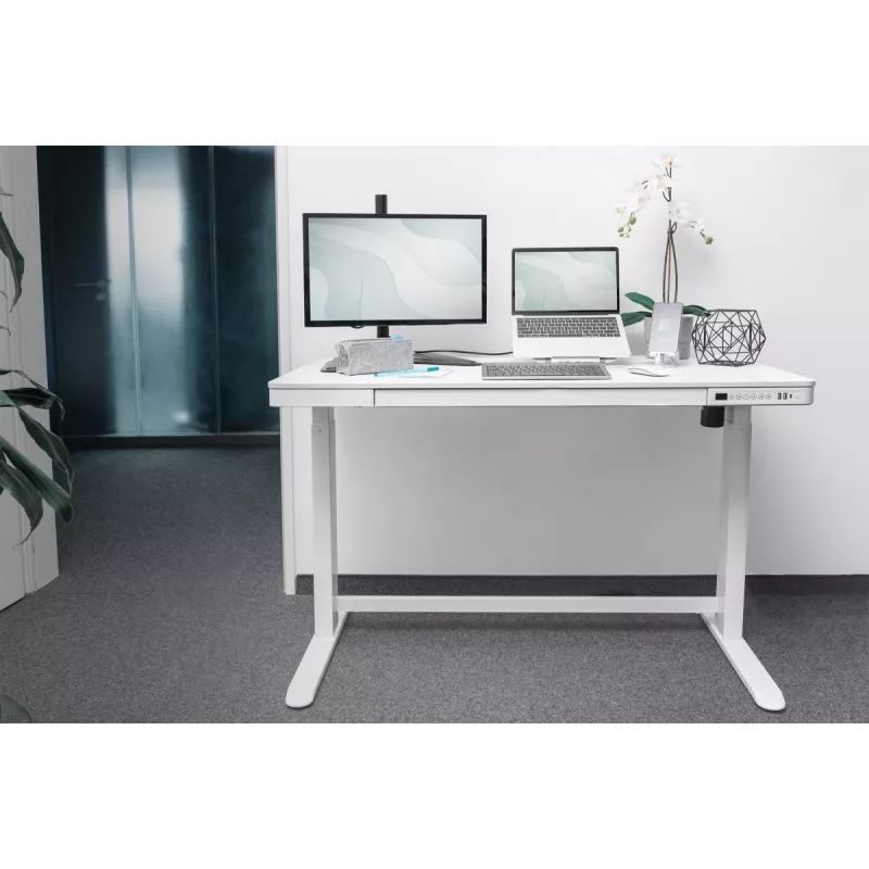DIGITUS elektrinis reguliuojamo aukščio stalas 120x60x12 cm su USB, baltas