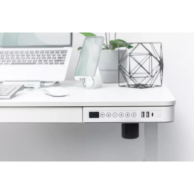 DIGITUS elektrinis reguliuojamo aukščio stalas 120x60x12 cm su USB, baltas
