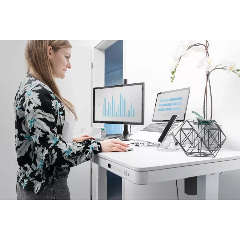 DIGITUS elektrinis reguliuojamo aukščio stalas 120x60x12 cm su USB, baltas