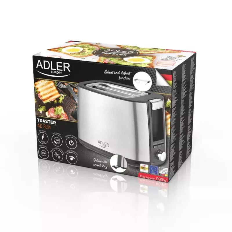Skrudintuvas Adler AD 3214, 2 griežinėliams, nerūdijantis plienas, 900 W, 7 skrudinimo lygiai, atšildymas/pašildymas/automatinis išsijungimas