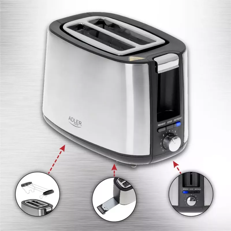 Skrudintuvas Adler AD 3214, 2 griežinėliams, nerūdijantis plienas, 900 W, 7 skrudinimo lygiai, atšildymas/pašildymas/automatinis išsijungimas