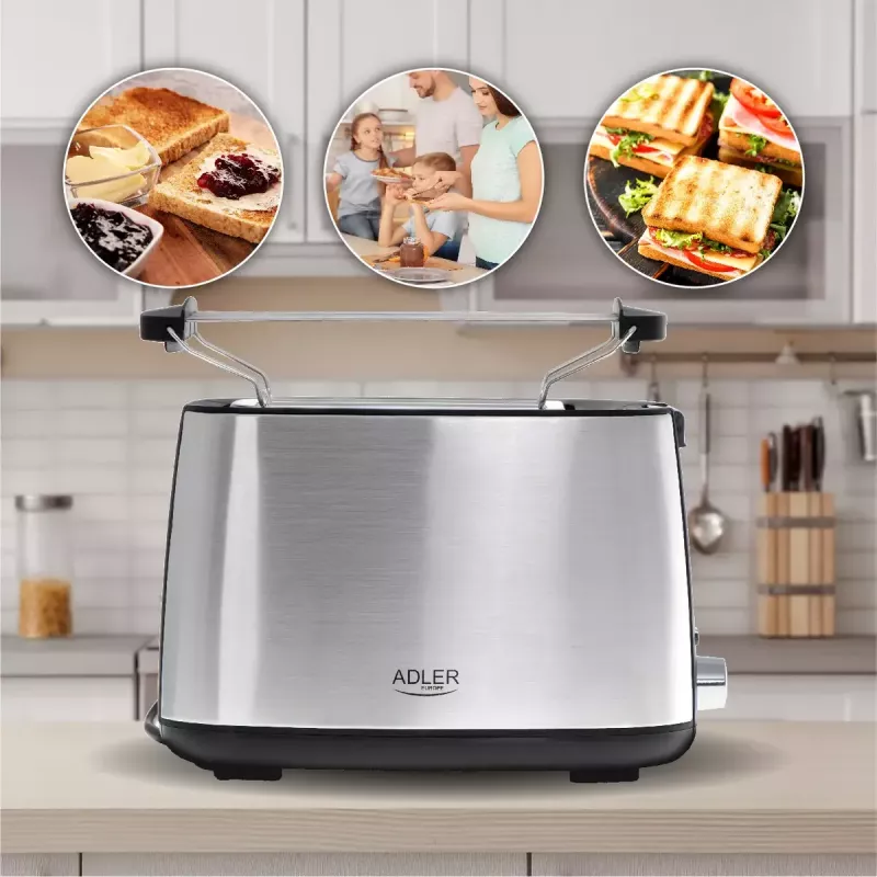 Skrudintuvas Adler AD 3214, 2 griežinėliams, nerūdijantis plienas, 900 W, 7 skrudinimo lygiai, atšildymas/pašildymas/automatinis išsijungimas