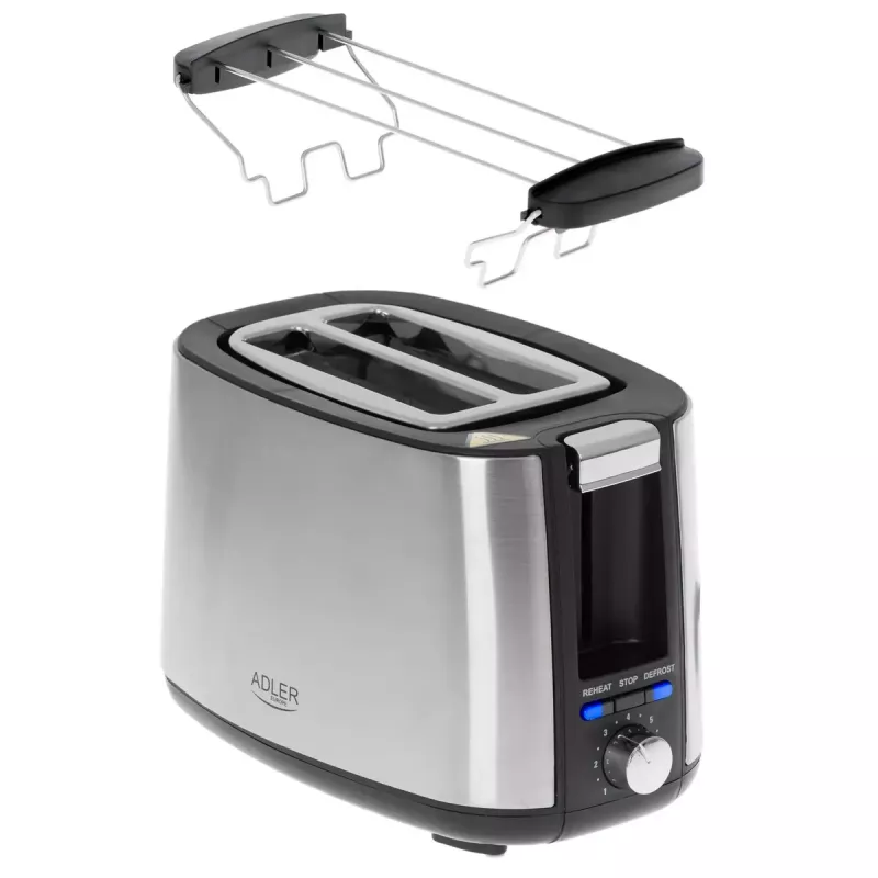 Skrudintuvas Adler AD 3214, 2 griežinėliams, nerūdijantis plienas, 900 W, 7 skrudinimo lygiai, atšildymas/pašildymas/automatinis išsijungimas