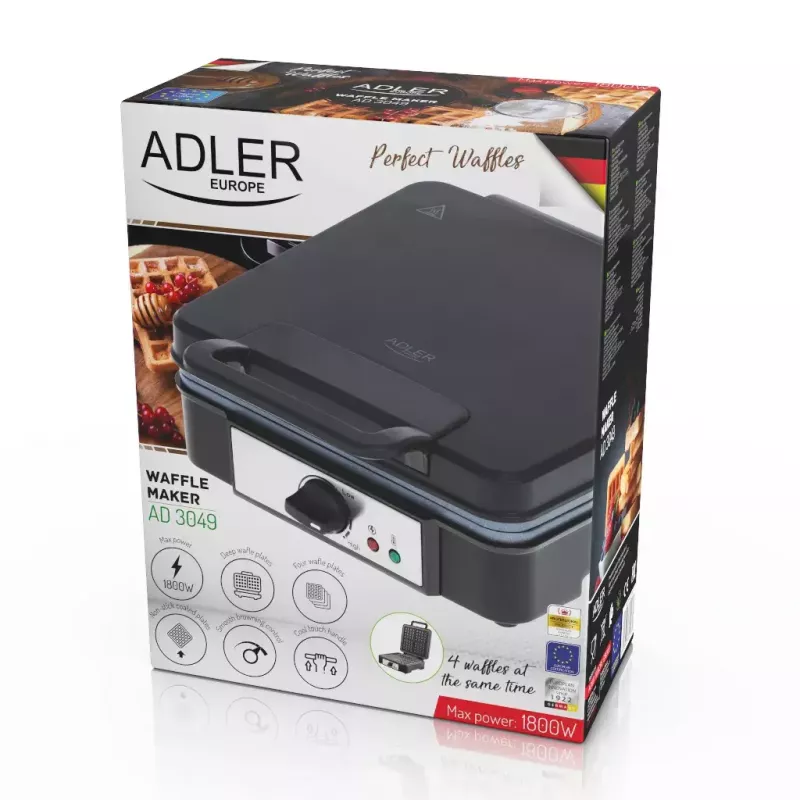 Vaflinė Adler AD 3049, 4 kvadratiniai vafliai, nelipni danga, 1800 W, juoda