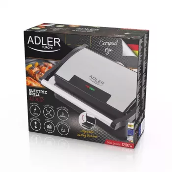 Kontaktinis grilis Adler AD 3052 stačiakampis plienas/juoda, 1200 W, grotelės viršuje, užrakinamas dangtis