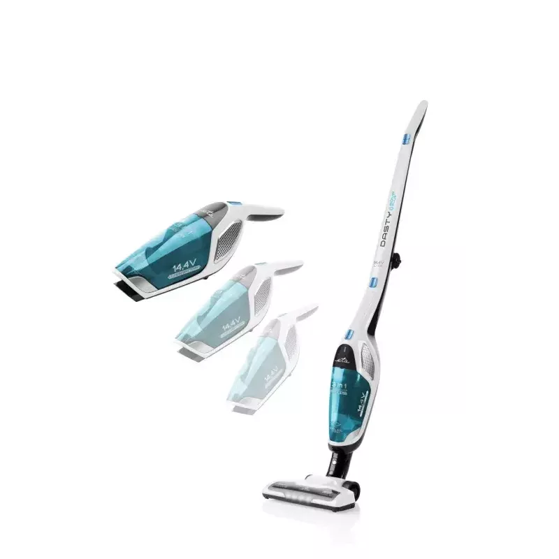 Belaidis dulkių siurblys ETA Dasty AquaPlus ETA344790010 — 95 W variklis, 14,4 V baterija, iki 45 min, rankinis ir lazdelinis, baltas/mėlynas