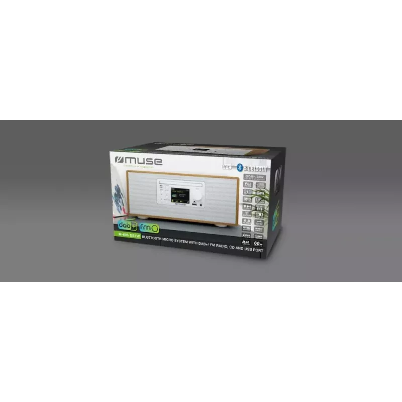 Asmeninis radijo imtuvas Muse M-695 DBTW – DAB/DAB+/FM skaitmeninis siųstuvas, 2,8 colio TFT, 60 W RMS, AC/DC, medžio/baltos spalvos