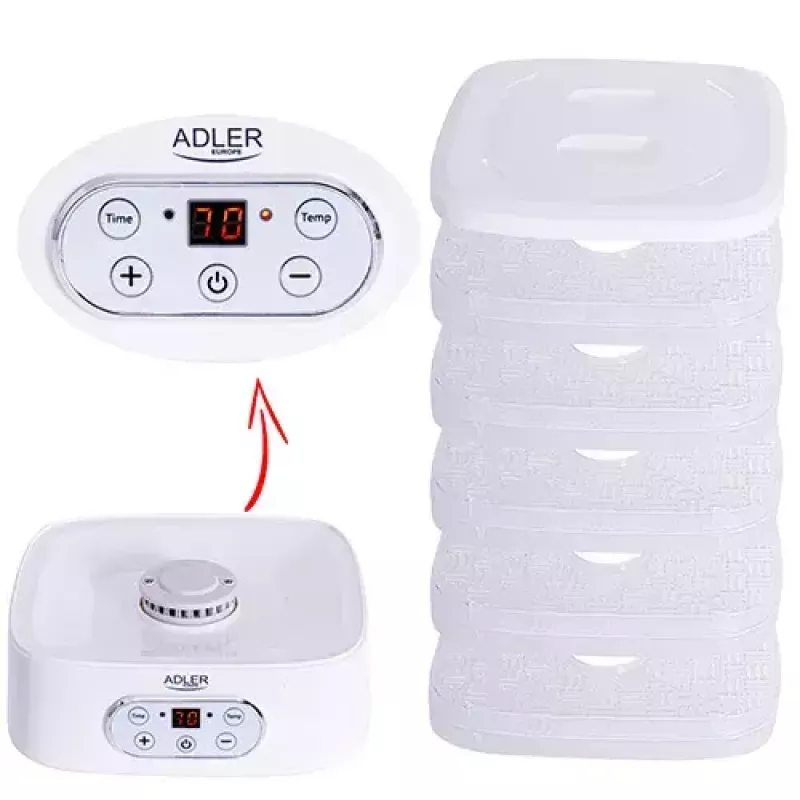 Džiovintuvas ADLER AD 6658, 5 padėklų, LCD laikmatis 70h, 35–70°C, 230W (maks. 550W), baltas