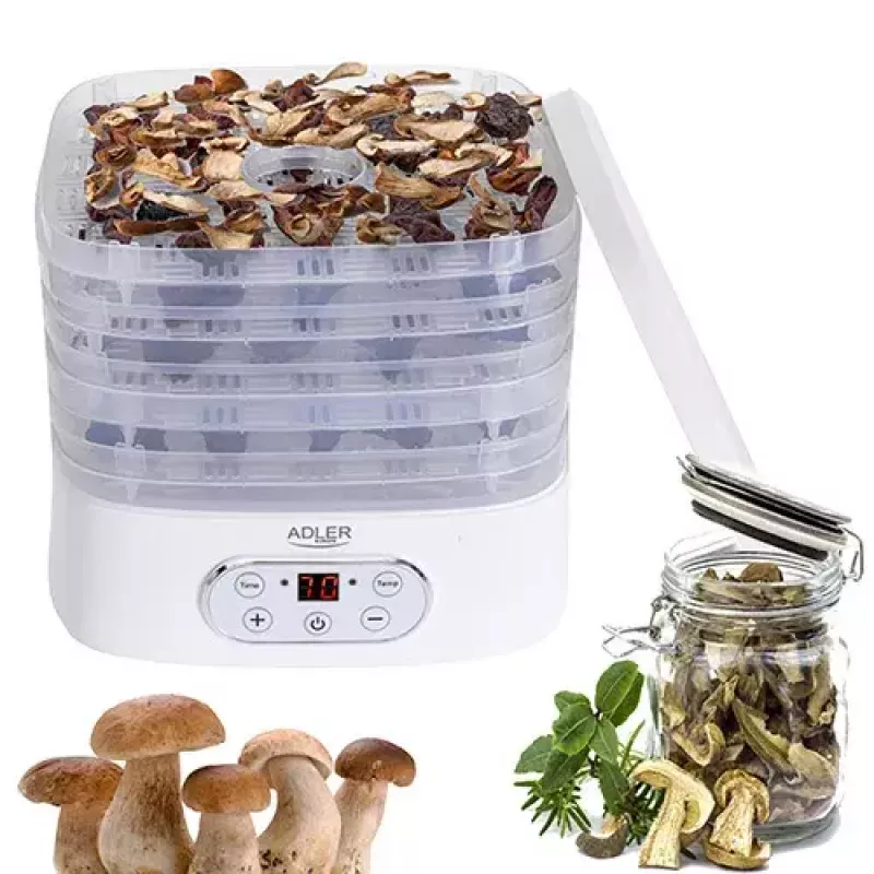 Džiovintuvas ADLER AD 6658, 5 padėklų, LCD laikmatis 70h, 35–70°C, 230W (maks. 550W), baltas