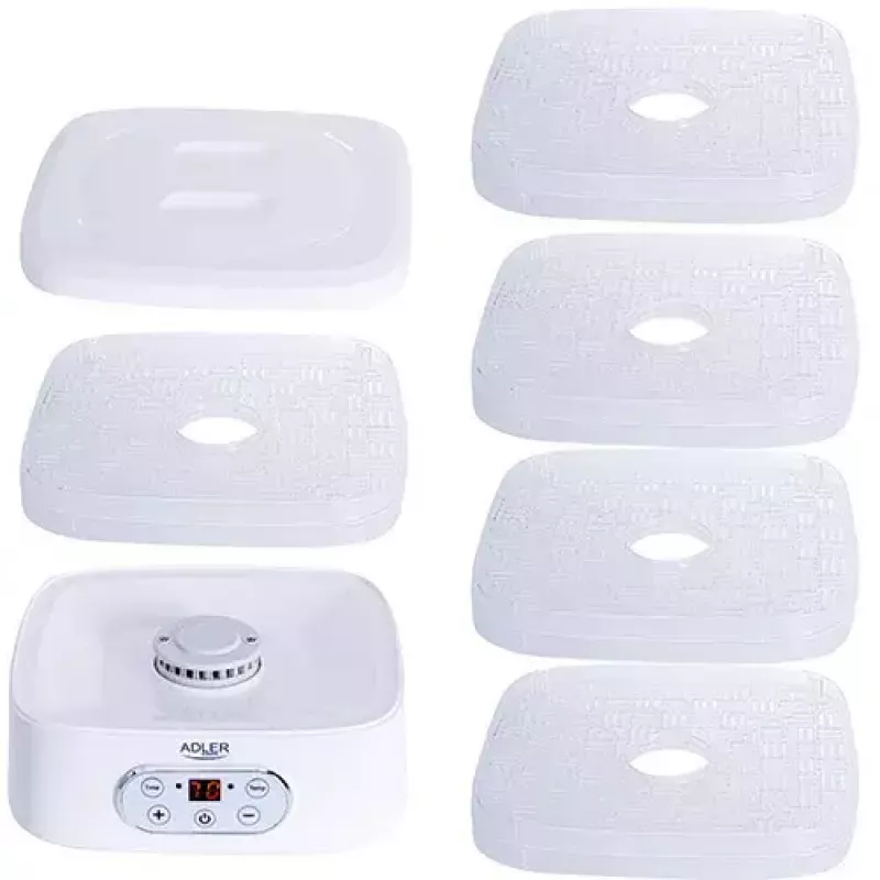 Džiovintuvas ADLER AD 6658, 5 padėklų, LCD laikmatis 70h, 35–70°C, 230W (maks. 550W), baltas