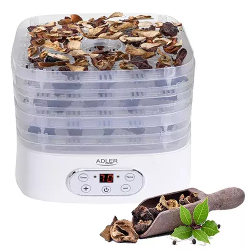Džiovintuvas ADLER AD 6658, 5 padėklų, LCD laikmatis 70h, 35–70°C, 230W (maks. 550W), baltas