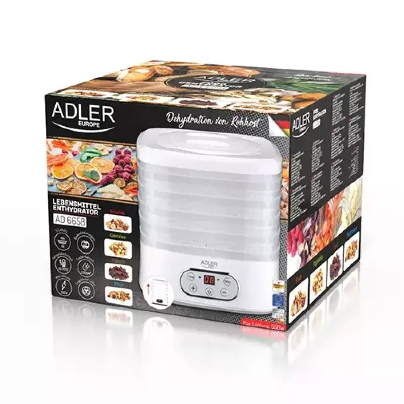 Džiovintuvas ADLER AD 6658, 5 padėklų, LCD laikmatis 70h, 35–70°C, 230W (maks. 550W), baltas