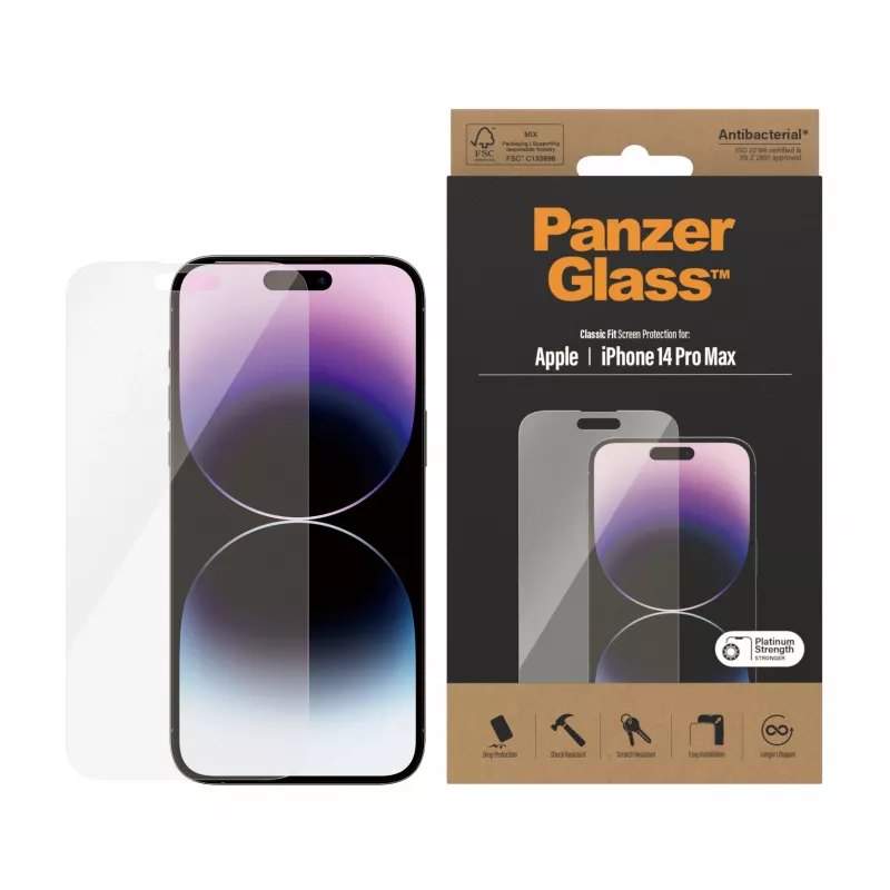 Apsauginis stiklas PanzerGlass Apple iPhone 14 Pro Max Classic Fit, atsparus įbrėžimams ir smūgiams