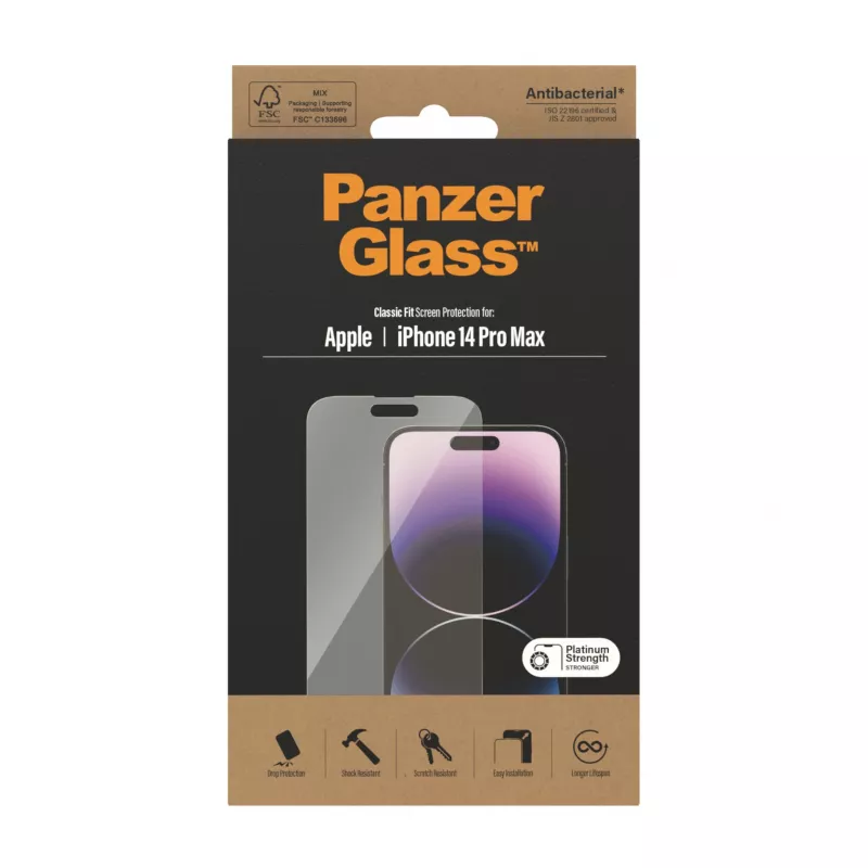 Apsauginis stiklas PanzerGlass Apple iPhone 14 Pro Max Classic Fit, atsparus įbrėžimams ir smūgiams