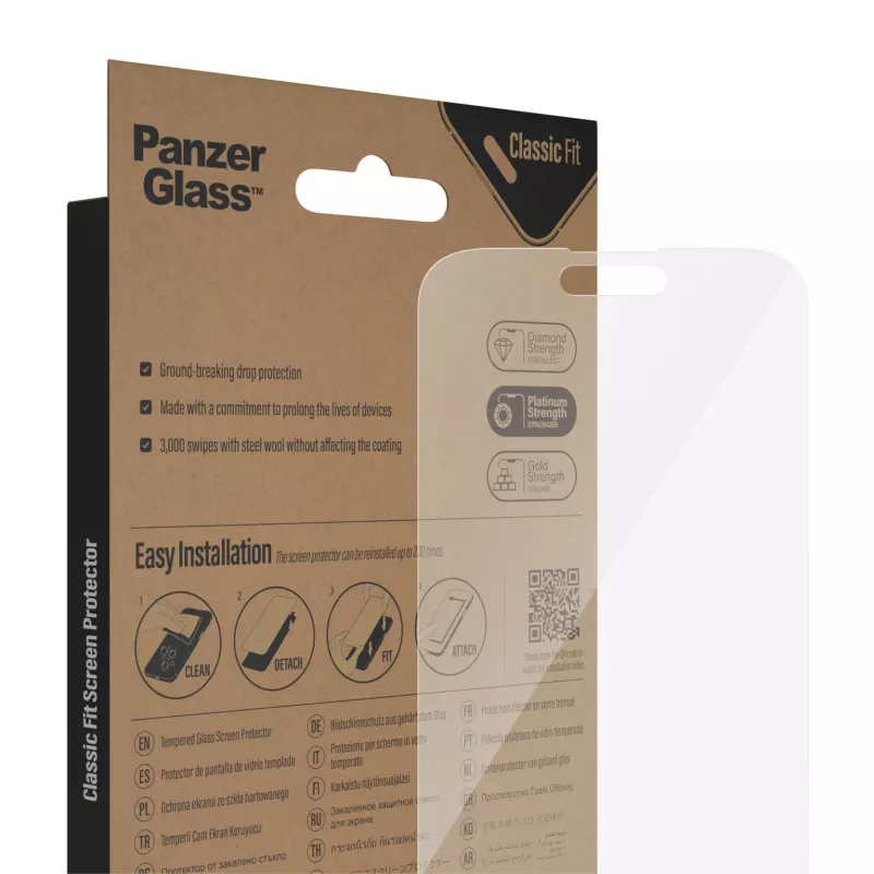 Apsauginis stiklas PanzerGlass Apple iPhone 14 Pro Max Classic Fit, atsparus įbrėžimams ir smūgiams